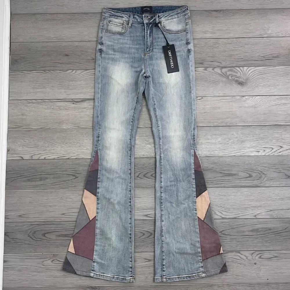 Driftwood Farrah Cowgirl Size 27 Patch Flare High Rise NEW Denim Retro Jeans